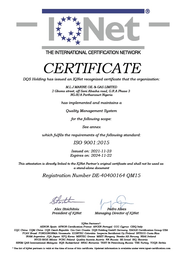 MLJ ISO 9001-2015 IQNET CERTIFICATE